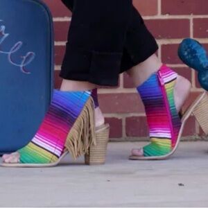 Very Volatile Multicolor Striped Fringe Block Heel Sandals